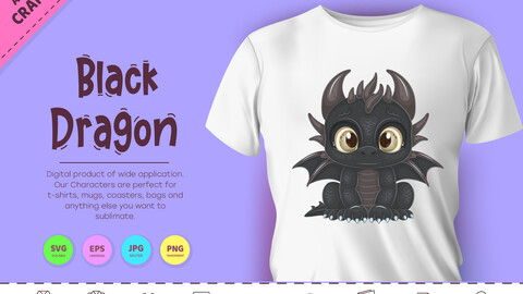 Cartoon black dragon. Fantasy clipart.