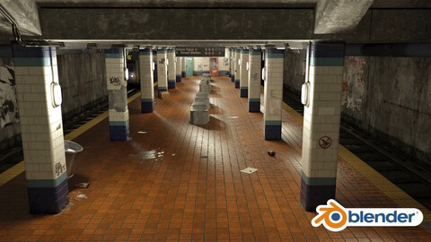 Detailled Subway Station post-apocalyptic - Textured Materials UV 3D Blender File