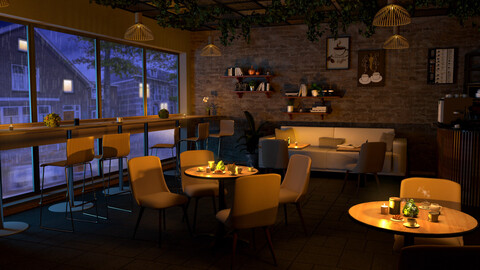 Cozy cafe interior for relaxing ambience. Warm and soothing environment with rain outside.