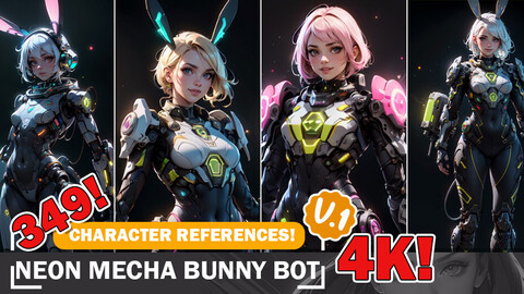 Robots, Bunny robots, Mecha, Neon Cyber Bunny Robotics V1 | Futuristic 4K 349 Reference Images Collection |4K Reference Images