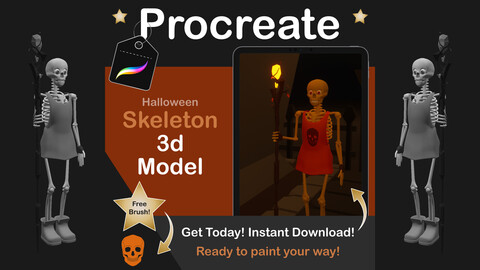 Procreate 3D Skeleton Model with Free Digital Download Halloween Skull Brush Included!