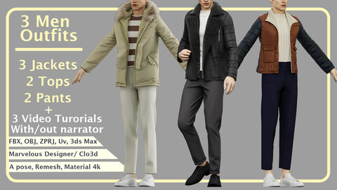 3 Men Outfits" with Marvelous/ Clo3d + 3 Video tutorials