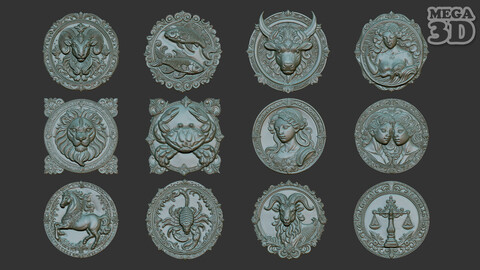 12 Zodiacl Bas Relief Pendant 230823