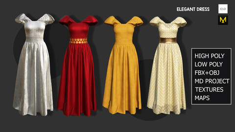 Elegant Dress for Game (H-Poly L-Poly) OBJ+UV+RETOP+TEXTURES