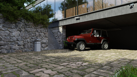 House Garden Garage Scene 3D Blender File (Textured)