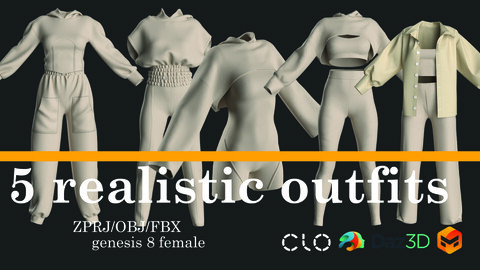 5 in 1 realistic female outfits/sportswear (marvelous designer_clo3d_daz3d/obj/fbx/zprj)