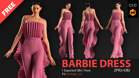 FREE BARBIE DRESS No.06. CLO3D, MD PROJECTS+OBJ