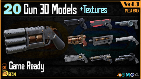 20 Gun 3D Models with Textures | Game Ready | Vol 3