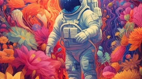 Astronaut Lost - Vibrantly Colored Surreal Nature Artwork - Science Fiction Fantasy - Psychedelic Flower Gardens - Wallpaper / Illustration / Print on Demand / Reference Art