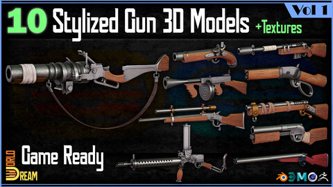 10 Stylized Gun 3D Models with Textures | Game Ready | Vol 1
