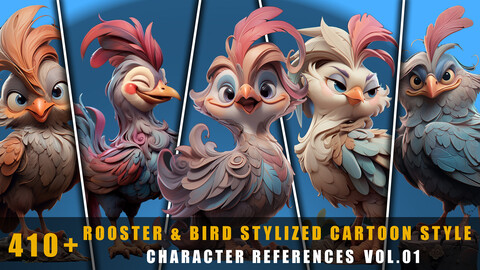 410+ Rooster & Bird Stylized Cartoon Style - Character References Vol.01