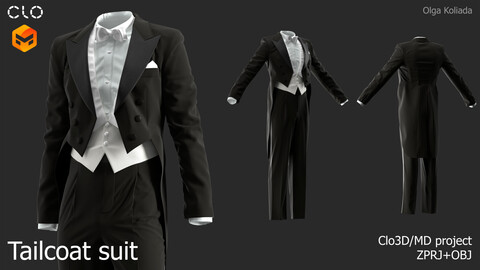 Tailcoat suit with vest, shirt, bow tie. Marvelous Designer/Clo3d project+OBJ