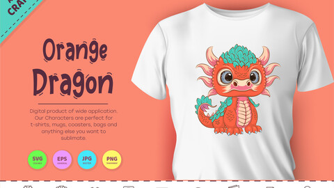 Cartoon orange dragon. Fantasy clipart.