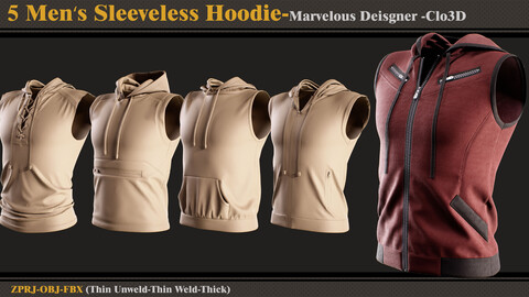 5 Men's Sleeveless Hoodie-Marvelous Designer/Clo3D