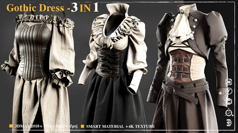 3 IN 1 Gothic Dress  /Marvelous Designer / 4k Textures/Smart material