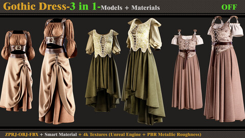 3 in 1 Gothic Dress- Marvelous Designer/Clo3d (OBJ + FBX +ZPRJ) + Smart Material + Textures