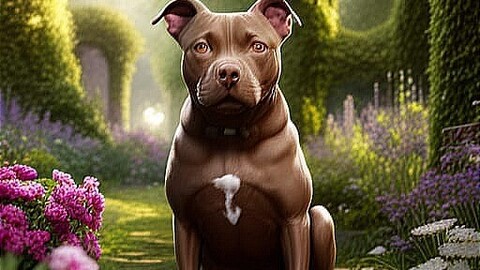 beautiful staffordshire bull terrier dog sitting in a garden