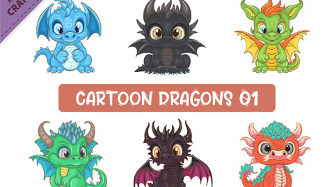 Set of Cartoon Dragons 01. Fantasy clipart.