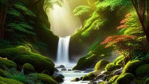 beautiful forest with the sunlight through the trees and a river with a waterfall and stream