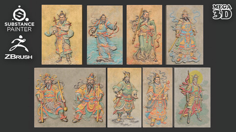 Chinese Temple Walls - Mural Bas relief Colored - 230909