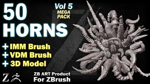 50 ZB ART Animal and Creature Horns For ZBrush (IMM Brush + VDM Brush + 3D Model) - Vol 5