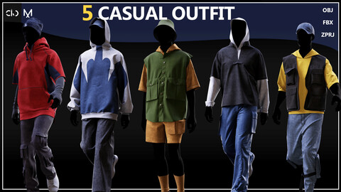 5 Casual Outfit Set For Men ( Marvelous / Clo3d project ) + FBX + OBJ