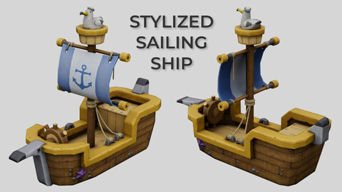 Stylized sailing ship with seagull, low poly game ready 3D model