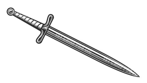 Warrior knight sword in vintage monochrome retro style vector illustration