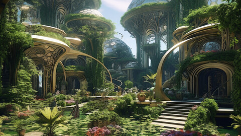 Sci-Fi, Futuristic Solarpunk ECO-City, Detailed, Hanging Gardens