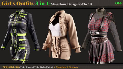 3 in 1 Girl's Outfits- Marvelous Designer/Clo3d (OBJ + FBX +ZPRJ)+Materials+Textures