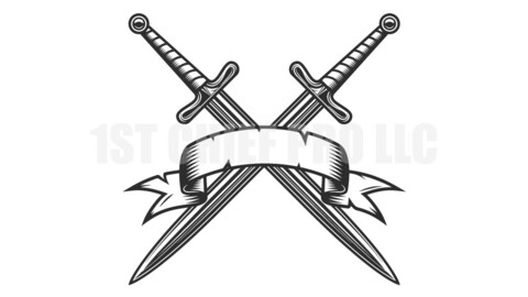 Crossed sharp swords concept with ribbon in vintage style isolated vector illustration