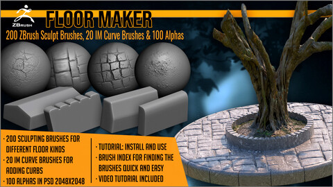 Floor Maker 200 ZBrush sculpting brushes 20 IM curve brushes and 100 alphas