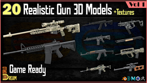 20 Realistic Gun 3D Models with Textures | Game Ready | Vol 1