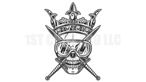 Skull in king crown with crossed swords and new construction builder safety glasses vector illustration. Vintage crowning, elegant queen or king crowns.