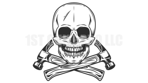 Skull and crossed builder hammers from new construction and remodeling house business in monochrome vintage style vector illustration