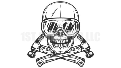 Skull in safety glasses builder crossed hammers from new construction and remodeling house business in monochrome vintage style illustration