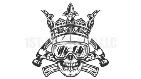 Business builder crossed hammers from new construction and remodeling house with half skull in royal crown and safety glasses vector illustration