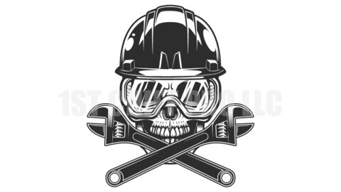 Builder plumber skull in hard hat and glasses with crossed plumbing wrench from business new construction and remodeling house vintage style vector illustration