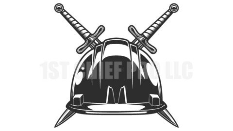 Business builder hard hat with crossed sword from new construction and remodeling house in vintage monochrome style vector illustration