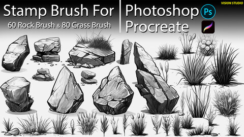 STAMP BRUSH - Stylized Rock & Grass Brush For PSD & Procreate