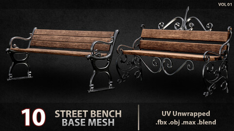 10 street bench base mesh / Low Poly / Mid Poly / Game Ready vol 01