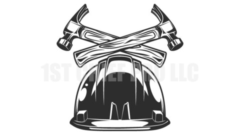 Builder hard hat with hammer, business from new construction and remodeling house in vintage monochrome style vector illustration