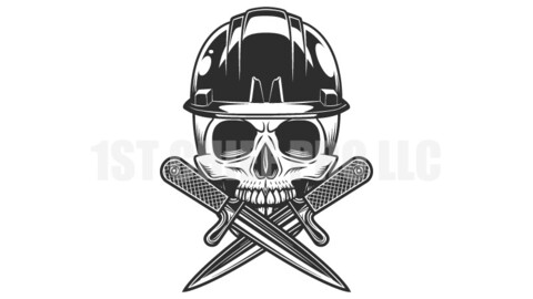 New construction builder skull in hard hat with crossed knife, business remodeling house vintage style vector illustration