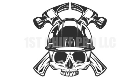 Business builder crossed hammers from new construction and remodeling house with half skull in hard hat in monochrome vintage style vector illustration