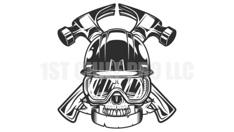 New construction builder business hammer half skull in hard hat with ribbon and safety glasses vintage style vector illustration