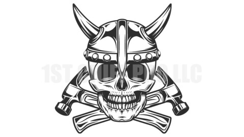 Skull in viking helmet and crossed hammer business builder from new construction and remodeling house vector illustration