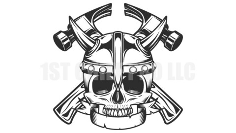 Half skull in viking helmet with ribbon and business builder crossed hammer from new construction and remodeling house vector illustration