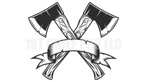 Crossed metal ax with handle made of wood and ribbon vector illustration. Wooden axe construction builder tool. Element for business woodworking or lumberjack emblem or icon.