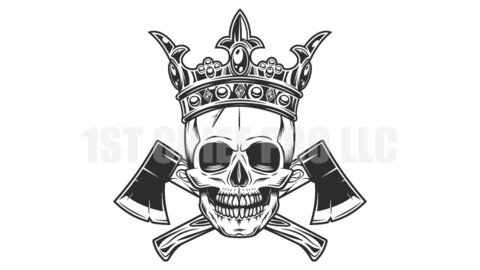 Skull in crown and crossed metal ax with handle made of wood vector illustration. Wooden axe construction builder tool. Element for business woodworking or lumberjack emblem or icon.