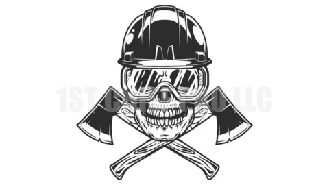 Skull in hard hat and glasses and crossed metal ax with handle made of wood. Wooden axe construction builder tool vector illustration. Element for business woodworking or lumberjack emblem or icon.